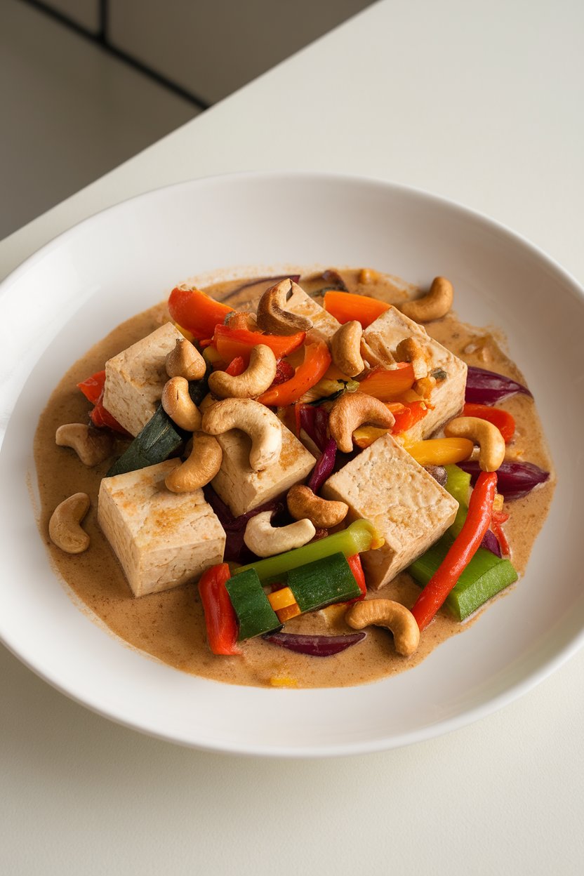 Photo of tofu cubes, roasted cashews, and colorful vegetables in a light brown sauce, taken indoors. No text or logos.