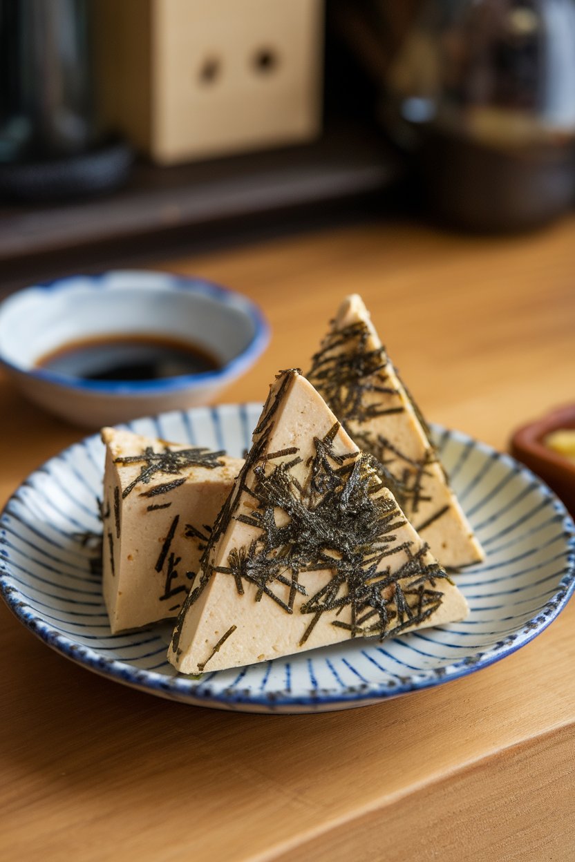 Indoor Japanese snack plate with triangular tofu pieces coated in furikake seaweed seasoning, small soy dish nearby. No text or logos; photo.