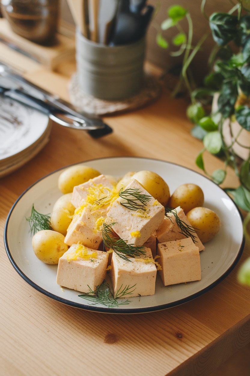 Indoor Scandinavian-style table showing pale tofu cubes dusted with dill and lemon zest, served with new potatoes. No text or logos; photo.