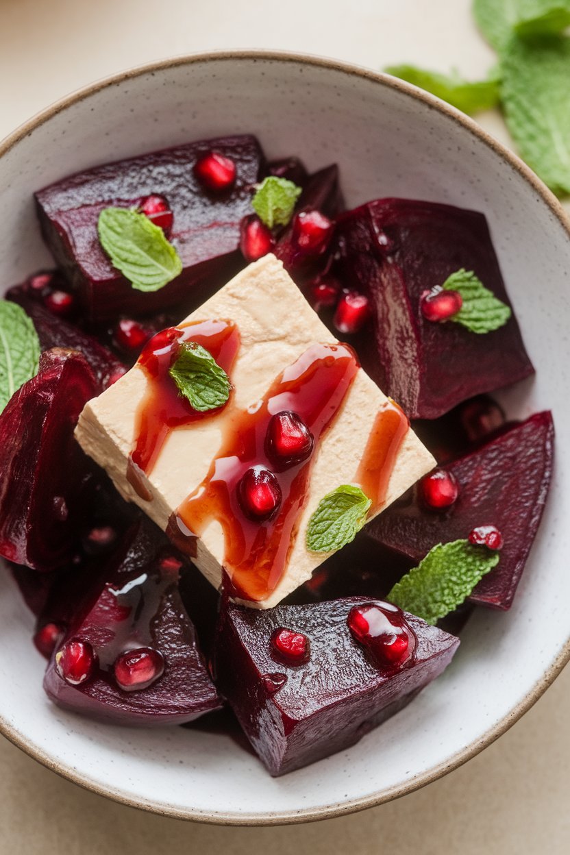 Indoor bowl of tofu, beet wedges, and glossy pomegranate molasses glaze, sprinkled with mint. No text or logos.