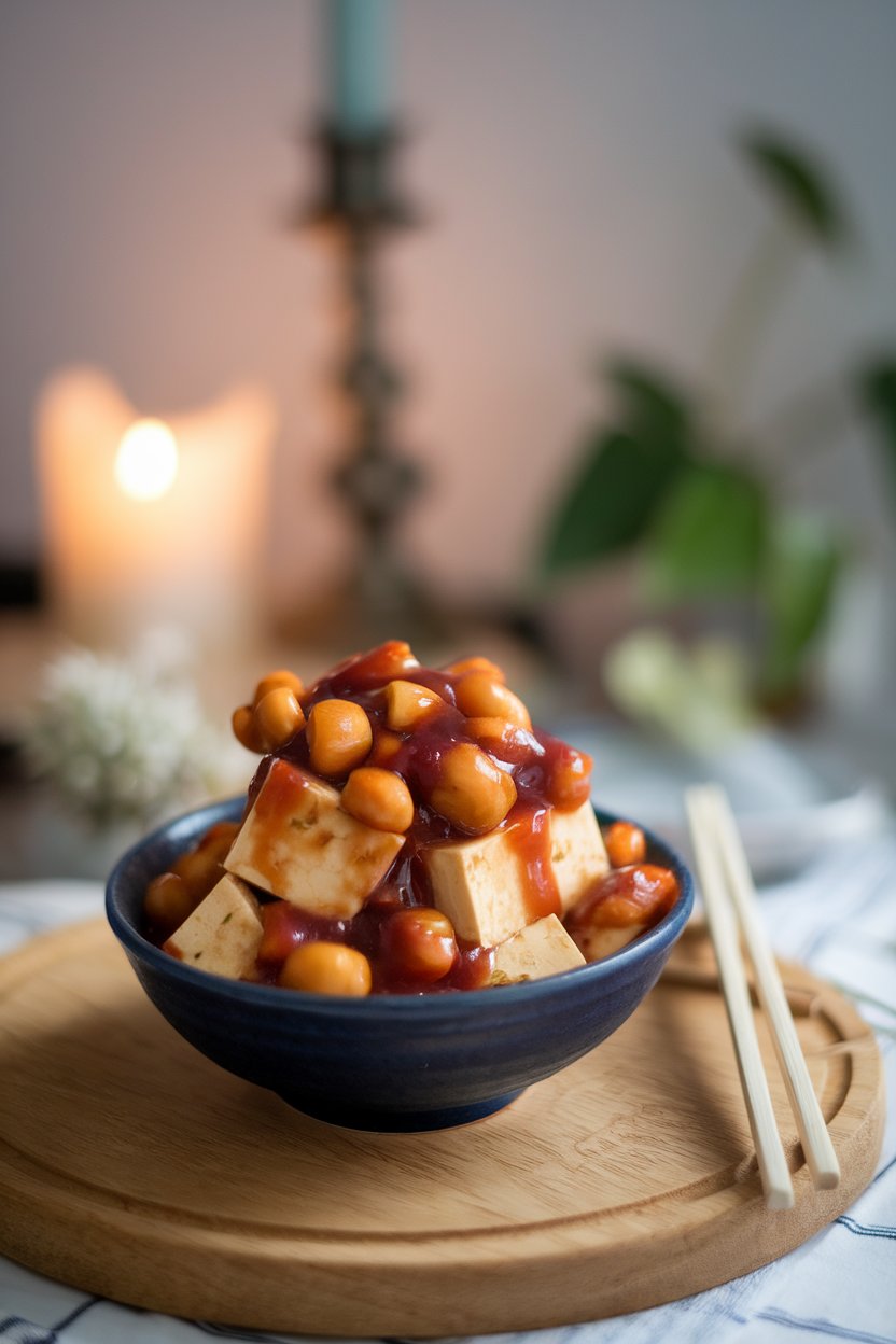 Indoor bowl of tofu and crunchy water chestnuts coated in glossy plum sauce. No logos or text.