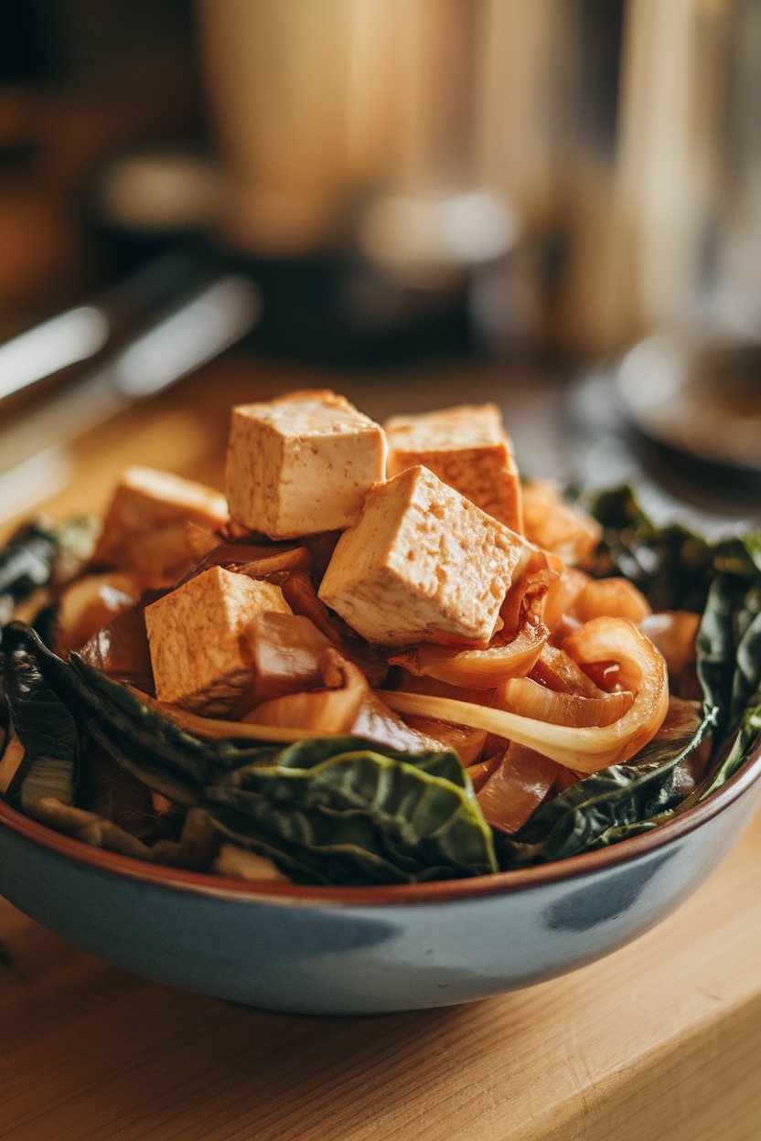 Indoor image of tofu cubes nestled among caramelized onions and wilted Swiss chard ribbons. No text or logos.