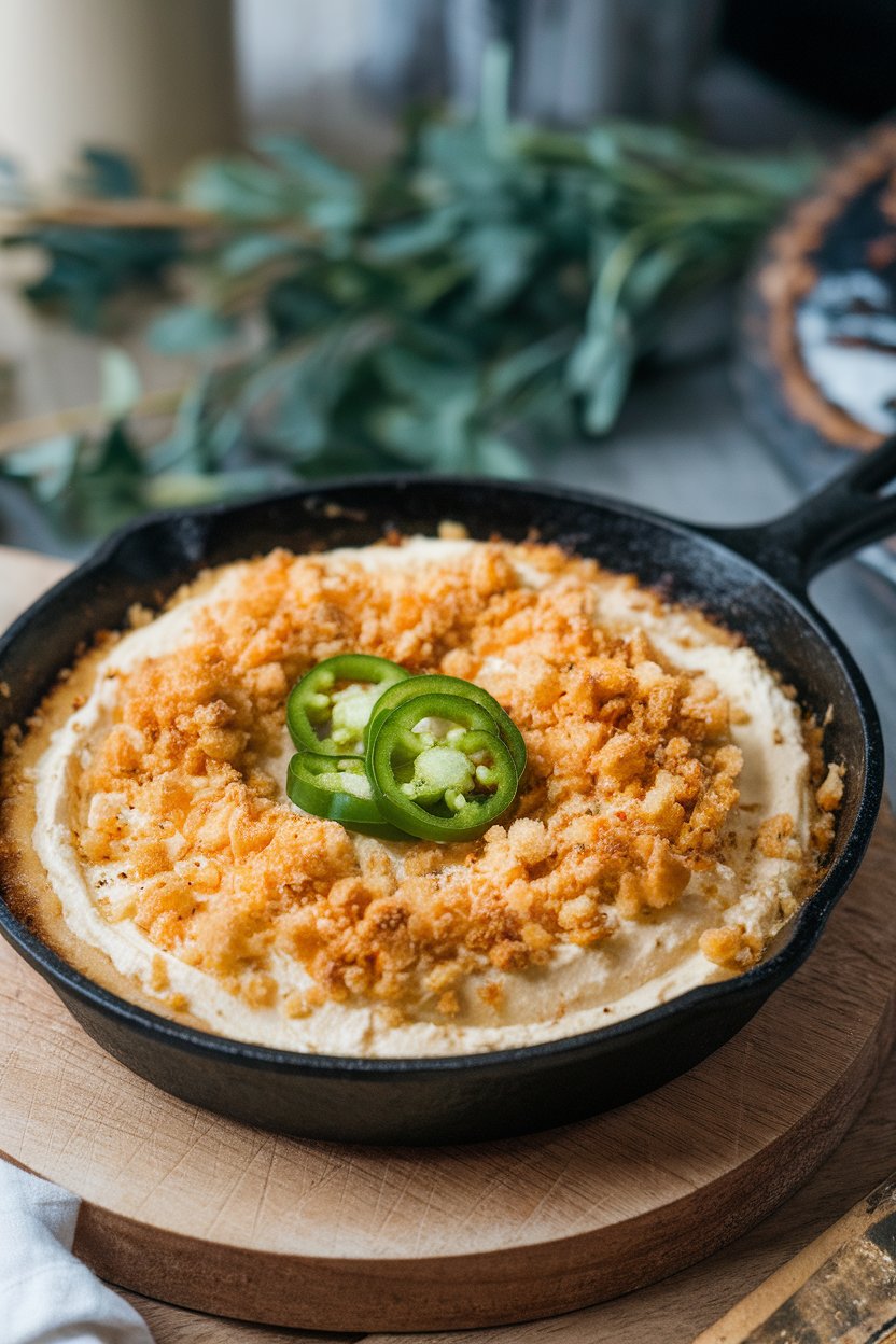 Photo of an indoor cast-iron skillet of creamy dip topped with golden breadcrumbs and jalapeño slices. No text or logos. Photo, not illustration.