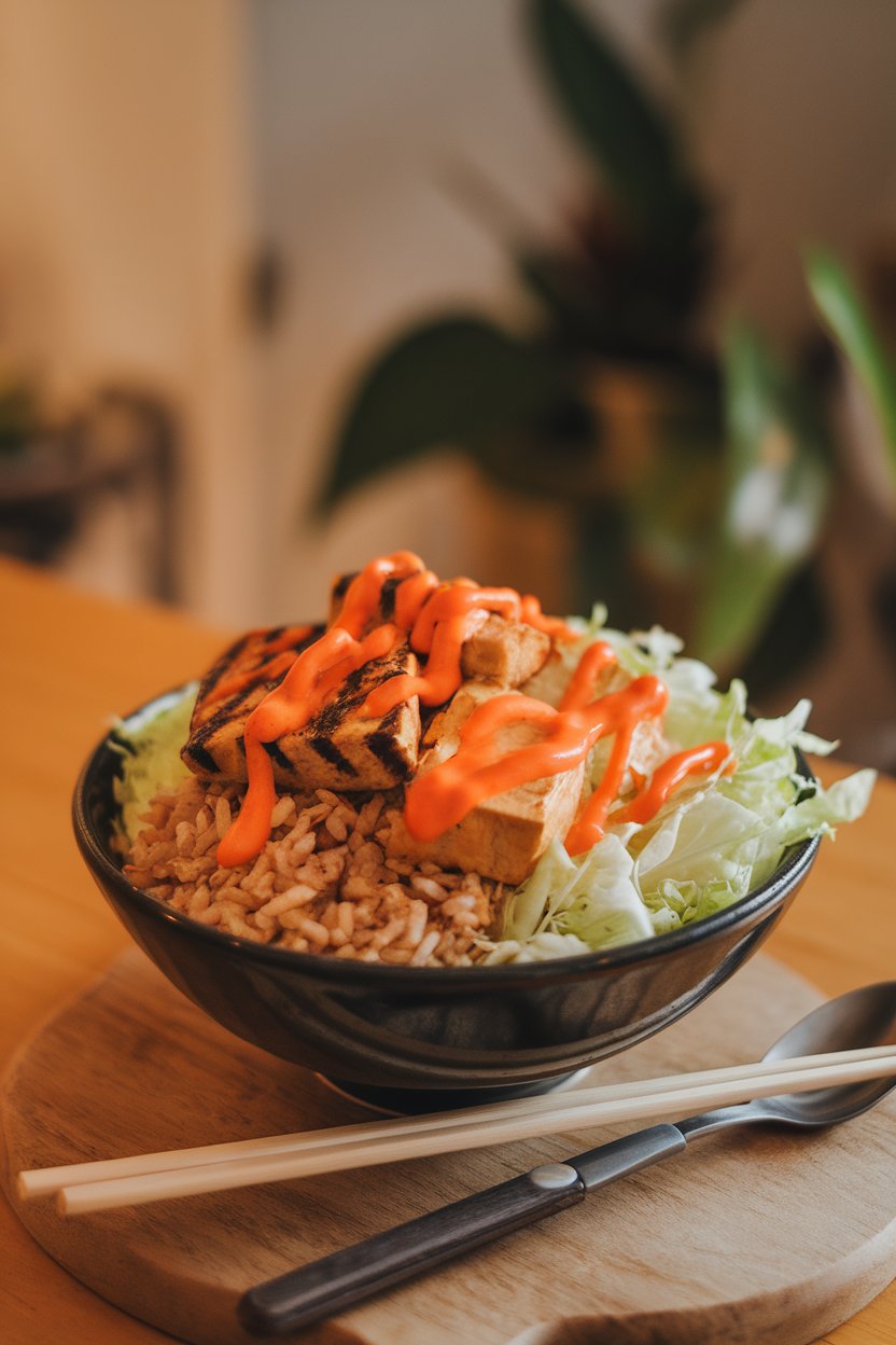 Indoor table scene with a salad bowl of brown rice, grilled tofu, shredded cabbage, and bright orange carrot-ginger dressing drizzled on top. Photo.