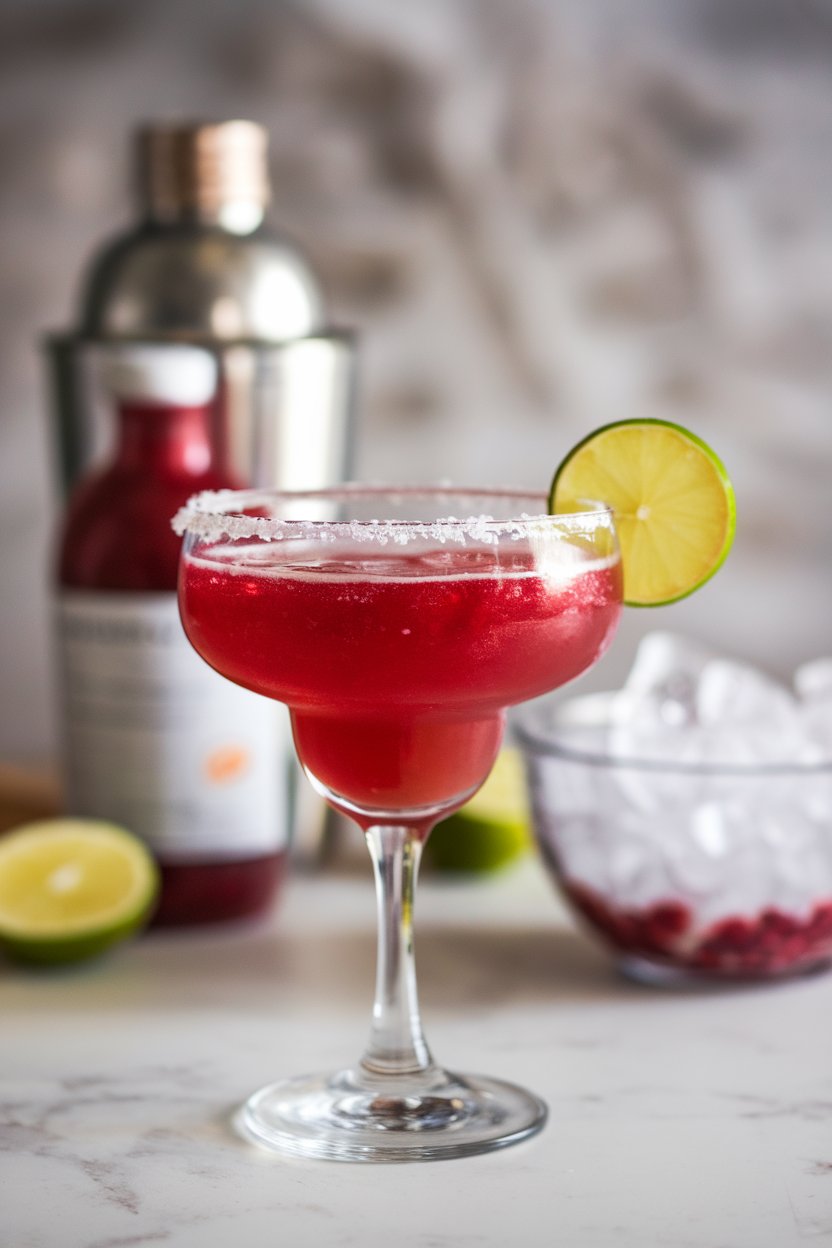 Indoor photo of a margarita glass with ruby pomegranate mocktail, salted rim, lime wedge perched on glass edge. No text or logos.