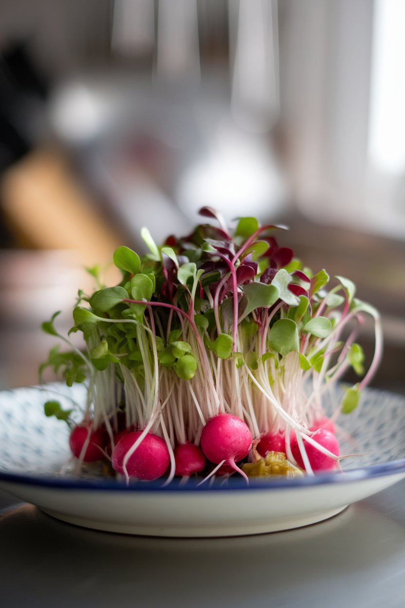 An indoor plate garnished with a delicate pile of assorted microgreens—radish, broccoli, and pea shoots—water droplets glistening. Photo, not illustration. No text or logos present.