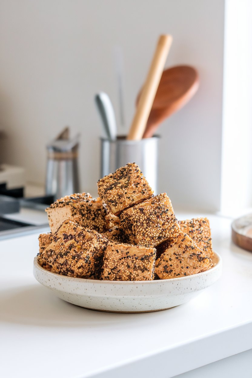 Well-lit indoor counter showcasing tofu cubes coated in sesame, poppy, and dried onion seeds, reminiscent of everything-bagel seasoning. No text or logos; photo.