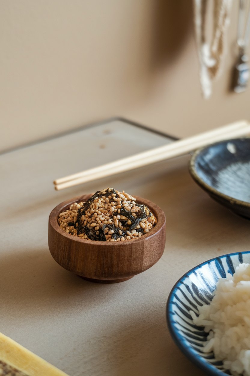 A small wooden pinch bowl of mixed furikake seasoning on an indoor table, sesame seeds and seaweed visible. Photo, not illustration. No text or logos.