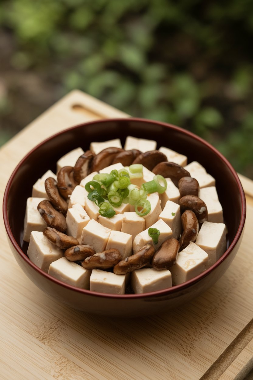 Indoor bowl of tofu and shiitake mushrooms glazed with light ponzu sauce, garnished with scallions. No text or logos.