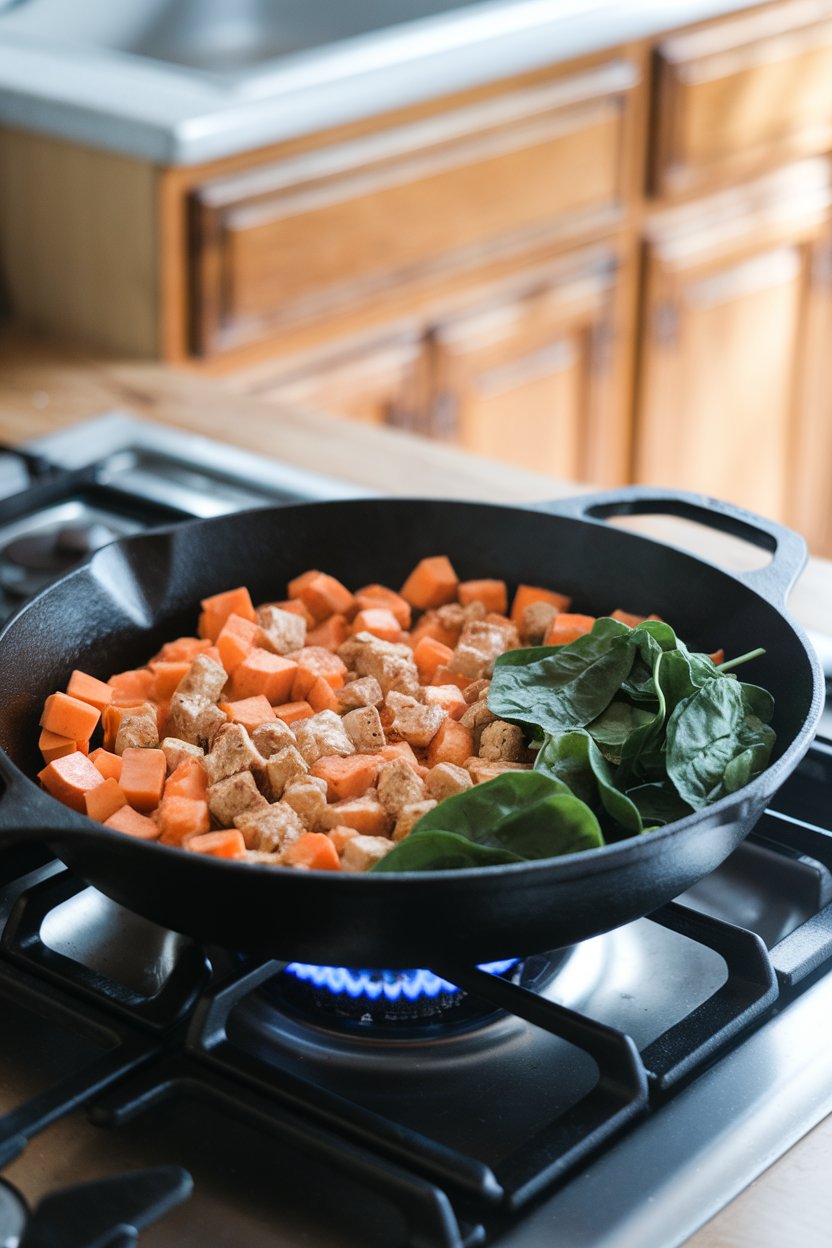 A cast-iron skillet on an indoor stovetop holding diced sweet potatoes, tofu crumbles, and spinach. Soft morning light, no brand names. Photo.