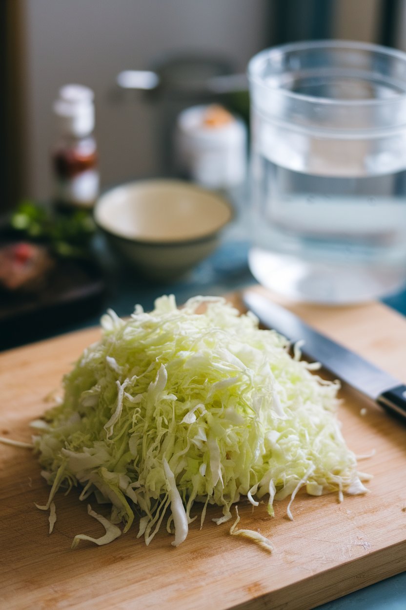 A cutting board indoors with a mound of finely shredded napa cabbage, knife set aside. Photo, not illustration. No text or logos.