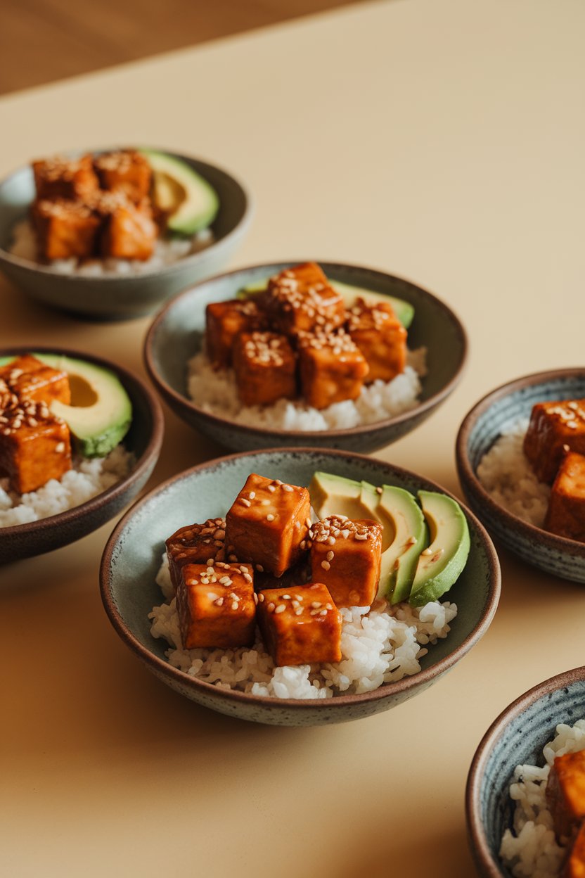 An indoor dining table with shallow bowls of rice topped by glossy cubes of miso-glazed tofu, sliced avocado, and sesame seeds. Warm overhead light, no text or logos. Photo only.