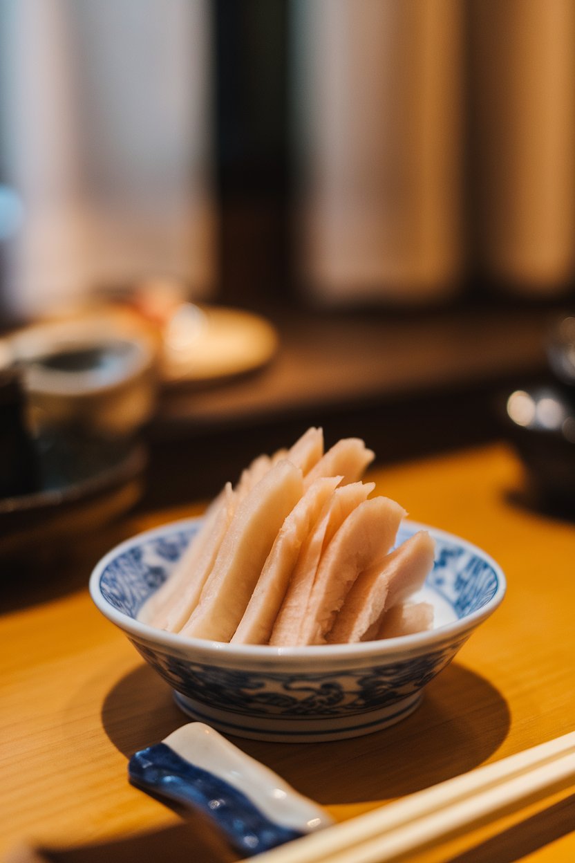 A porcelain dish indoors holding pale-pink slices of pickled ginger arranged neatly. Photo, not illustration. No text or logos.