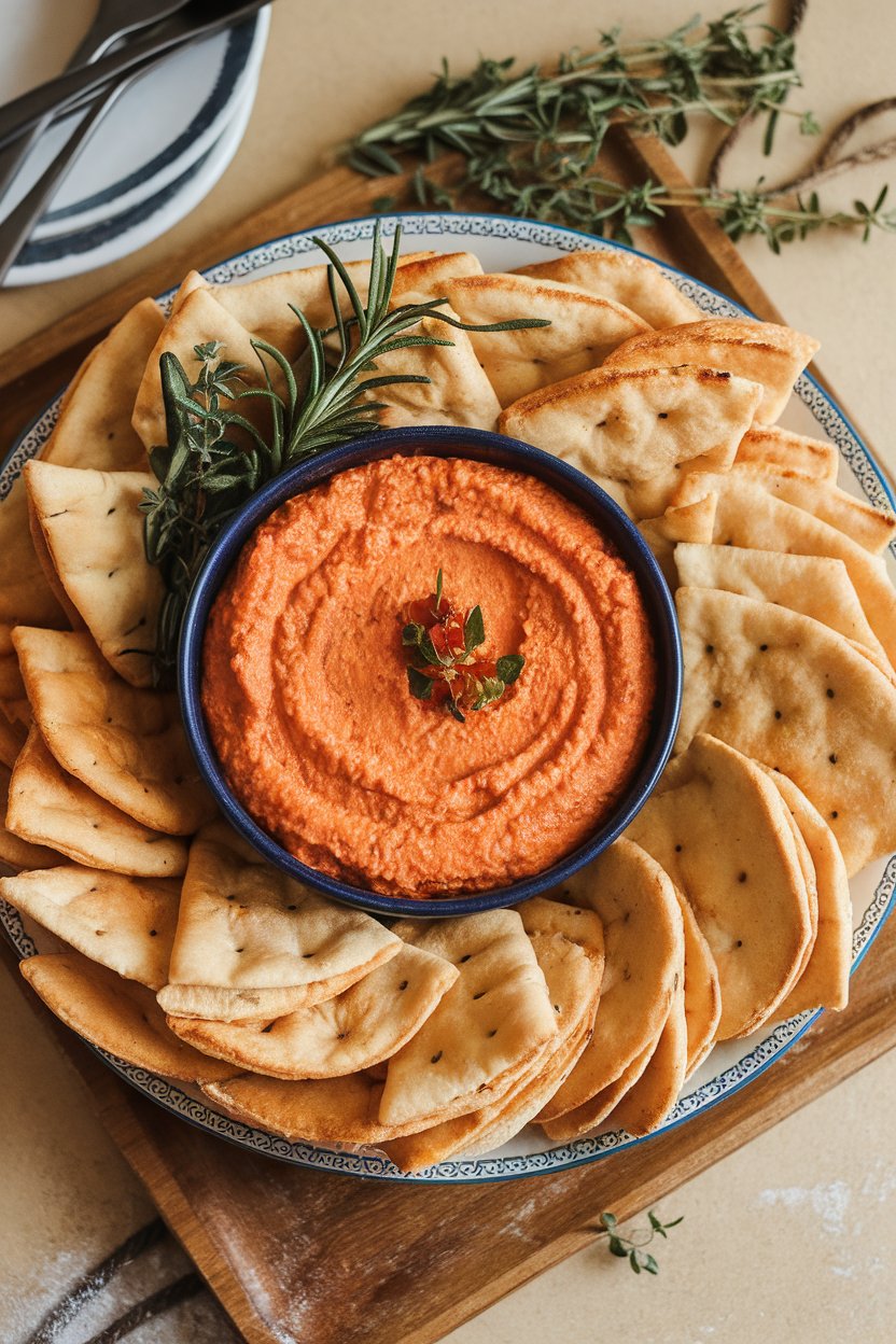 Indoor appetizer tray with a bowl of creamy roasted red pepper tofu dip, surrounded by baked pita chips. No text or logos. Photo.