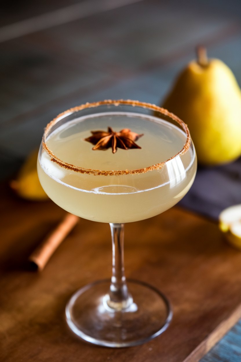 Indoor photo of a coupe glass with light golden pear fizz, star anise pod floating, cinnamon-sugar rim visible. No text or logos.