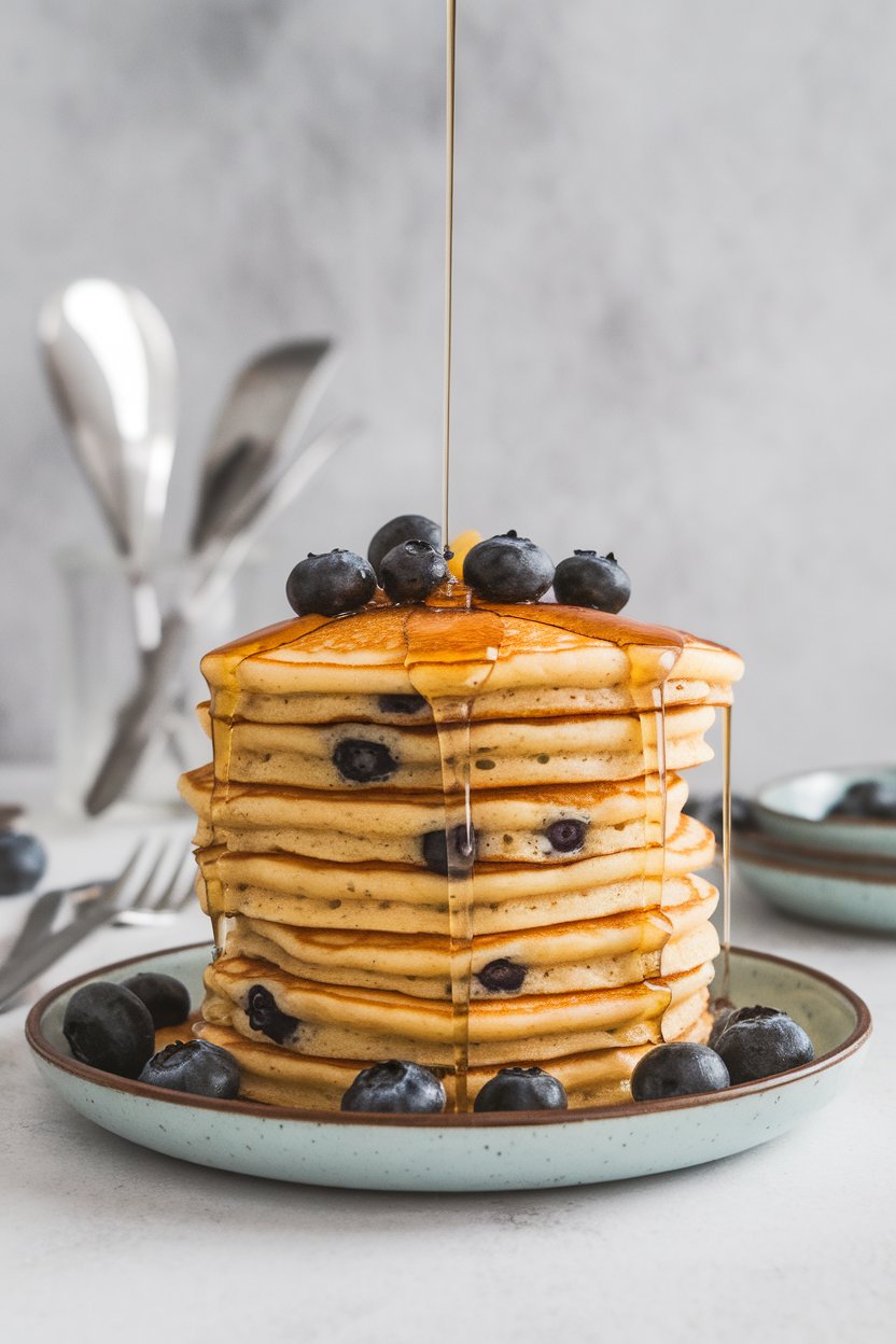 Photo of an indoor stack of golden pancakes dotted with blueberries, maple syrup cascading down. No text or logos. Photo, not illustration.