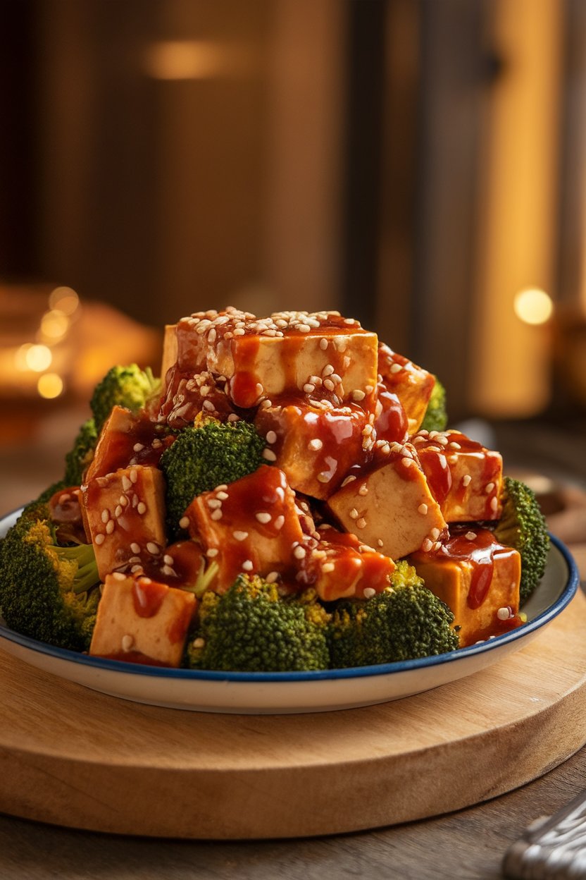 An indoor plate piled high with tofu and broccoli glazed in shiny teriyaki sauce, garnished with sesame seeds. Warm lighting, no text or logos.