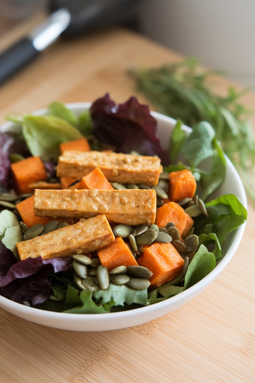 Indoor shot of a salad bowl with mixed greens, roasted sweet potato cubes, honey-mustard tofu strips, and pumpkin seeds. No logos. Photo.