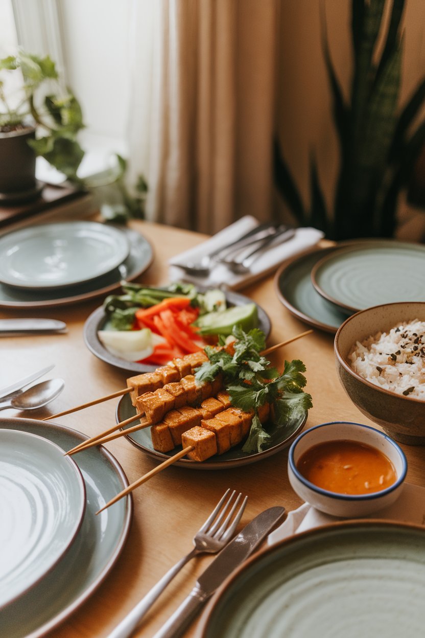 Warm indoor dinner table featuring skewered tofu blocks coated in a peanut satay glaze, cilantro garnish on a small plate. No text or logos; photo.