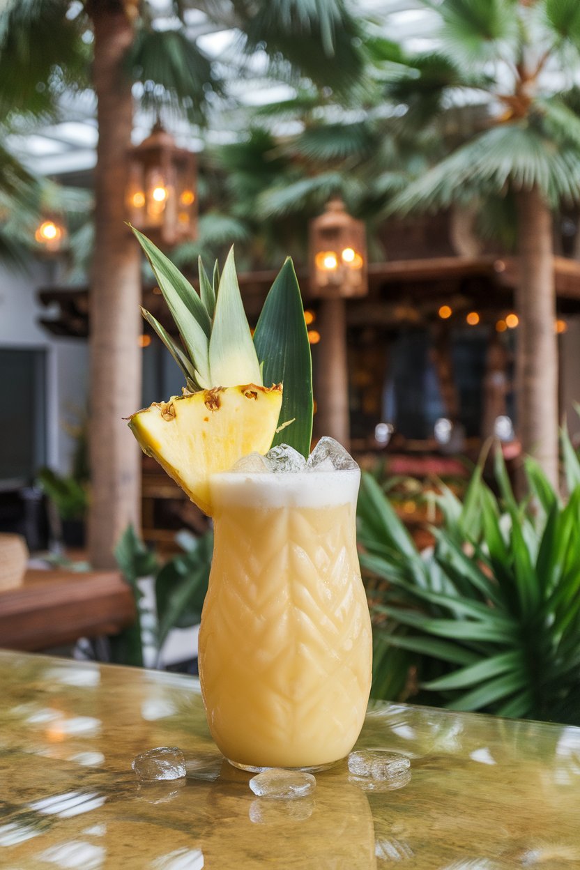 Indoor photo of a golden white pineapple coconut mocktail in a tiki glass, pineapple leaf garnish, ice pebbles visible. No text or logos.