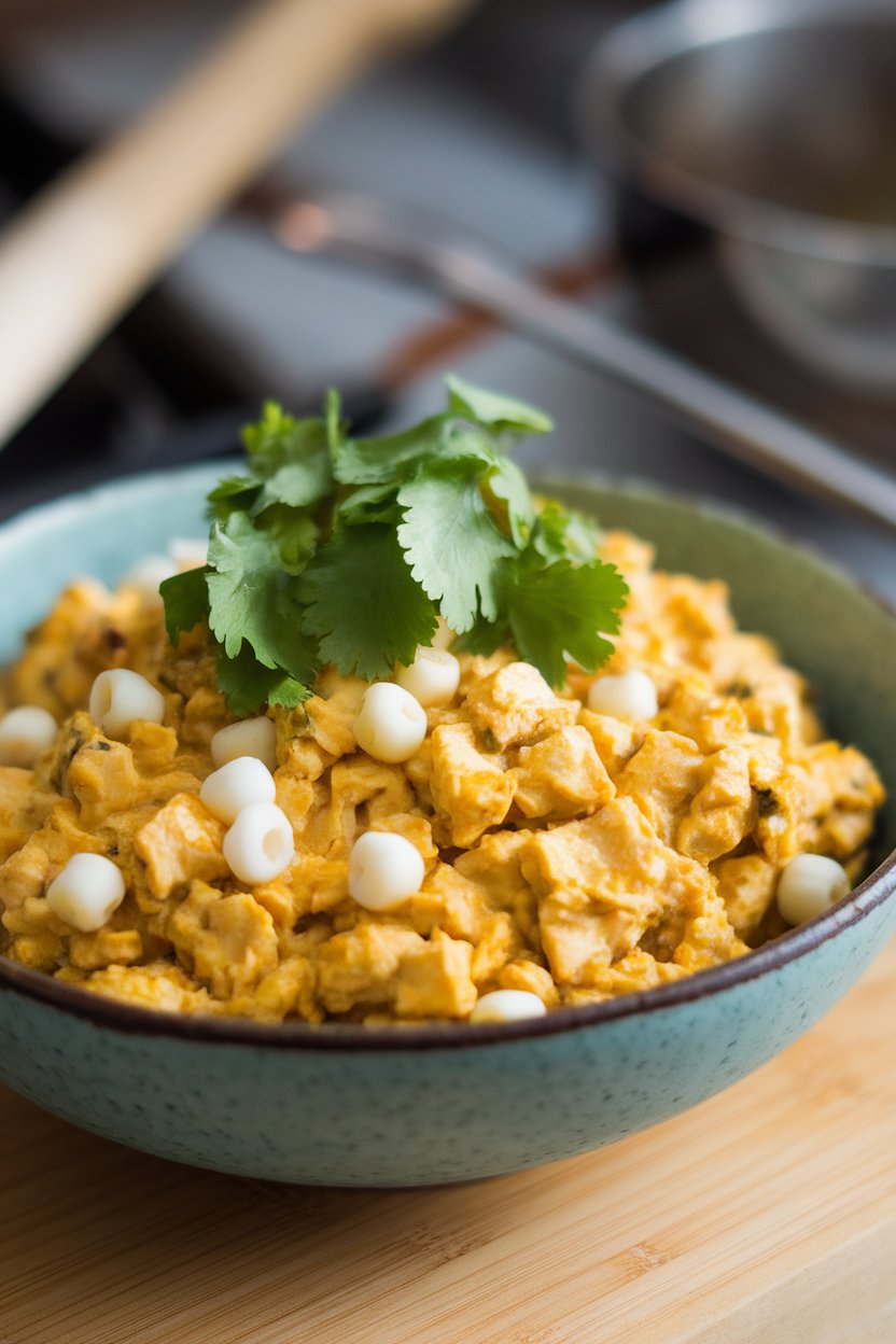 Indoor breakfast bowl of tofu scramble featuring roasted green chiles and white hominy kernels, cilantro garnish. Photo, no text or logos.