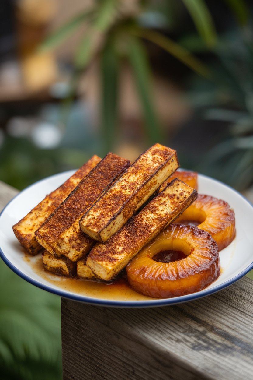 Indoor plate with jerk-spiced tofu strips and caramelized pineapple rings. No logos or text.