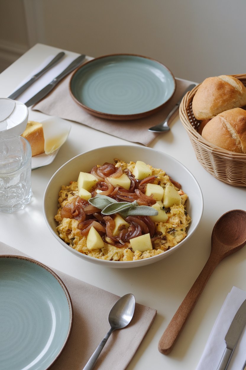 Indoor dining room table with a bowl of tofu scramble featuring sautéed apple cubes, caramelized onions, and fresh sage leaves. Photo, no logos or text.