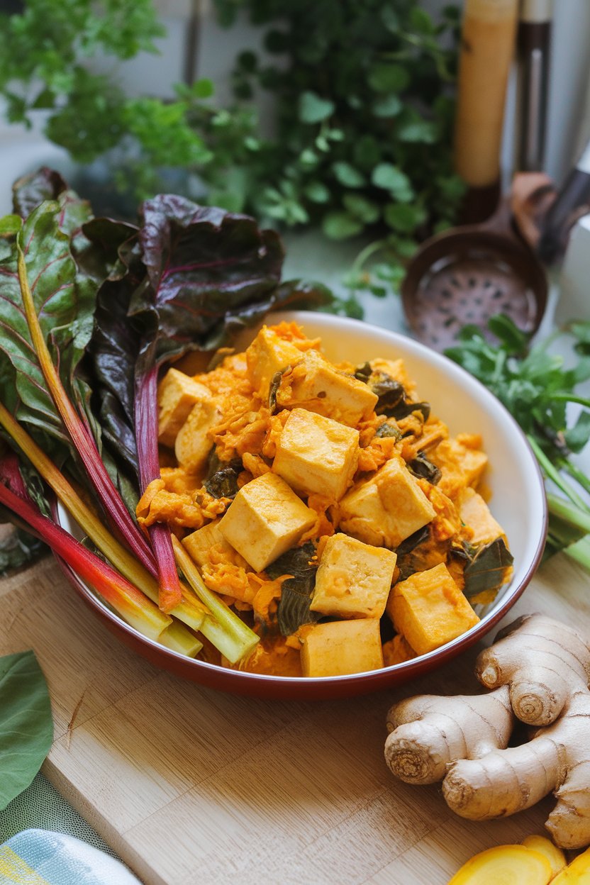 Indoor dish of tofu cubes, rainbow chard stems, and leaves coated in golden ginger-turmeric sauce. No logos or text.