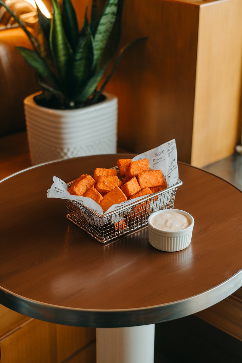Indoor pub-style tabletop featuring a basket of buffalo-sauced air-fried tofu rectangles, a ramekin of dairy-free ranch alongside. Warm lighting; no text or logos; photo, not illustration.