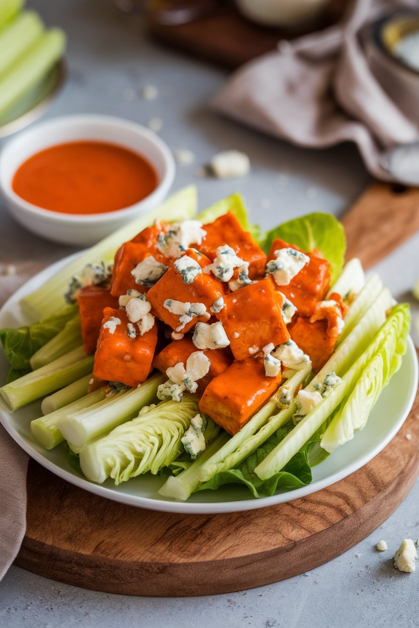 Indoor sports-night vibe: romaine and celery ribbons topped with buffalo-sauced tofu bites, blue cheese crumbles on top. No text or logos; photo.