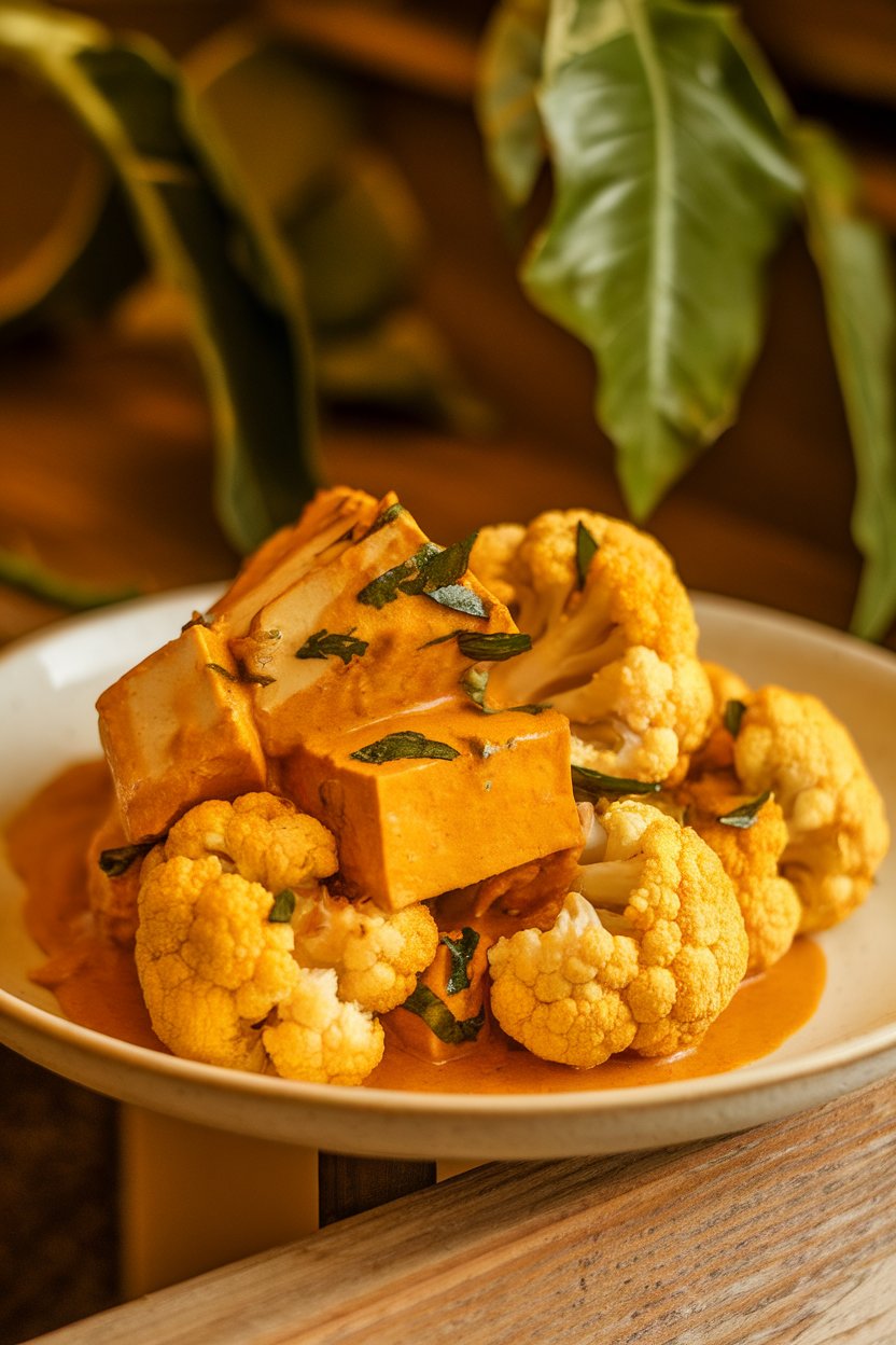Photo of tofu and cauliflower coated in golden turmeric coconut sauce, taken indoors. No text or logos.