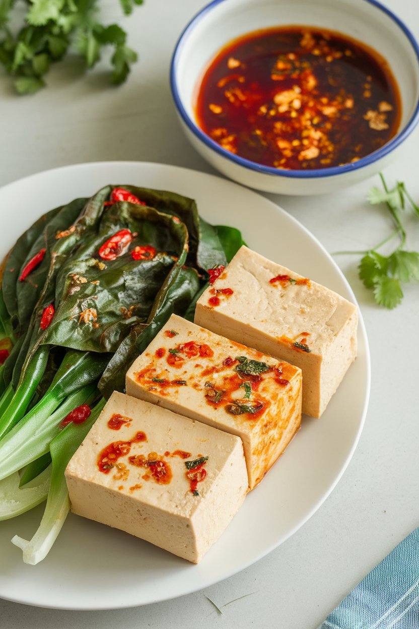 Indoor shot of tofu and gai lan (Chinese broccoli) in chili-garlic sauce, red chilies visible. No logos or text.