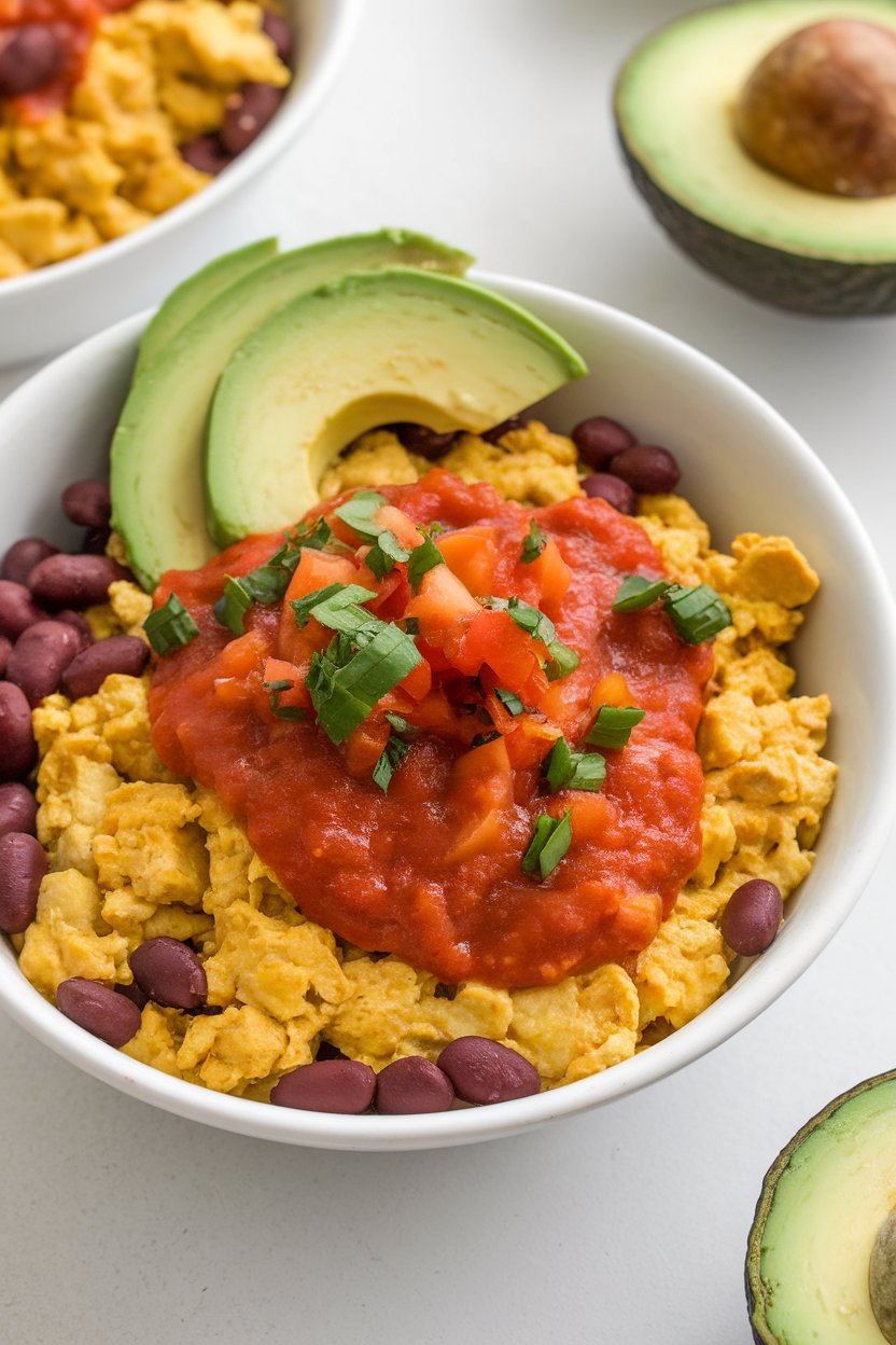 Indoor breakfast bowl containing tofu scramble smothered in red salsa and mixed with pinto beans, avocado slices on the rim. Photo, no logos or text.