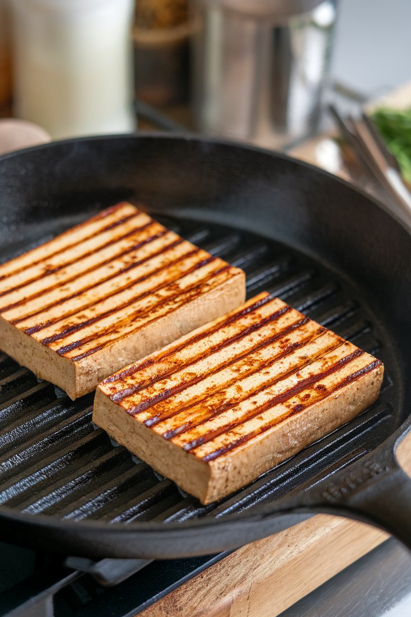 An indoor cast-iron pan searing thick tofu slabs brushed with tamari, grill lines visible. Photo, not illustration. No text or logos.