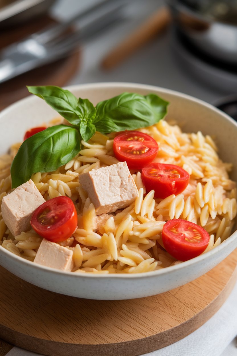 Indoor bowl of orzo pasta mixed with tofu, cherry tomatoes, and basil leaves. No text or logos.