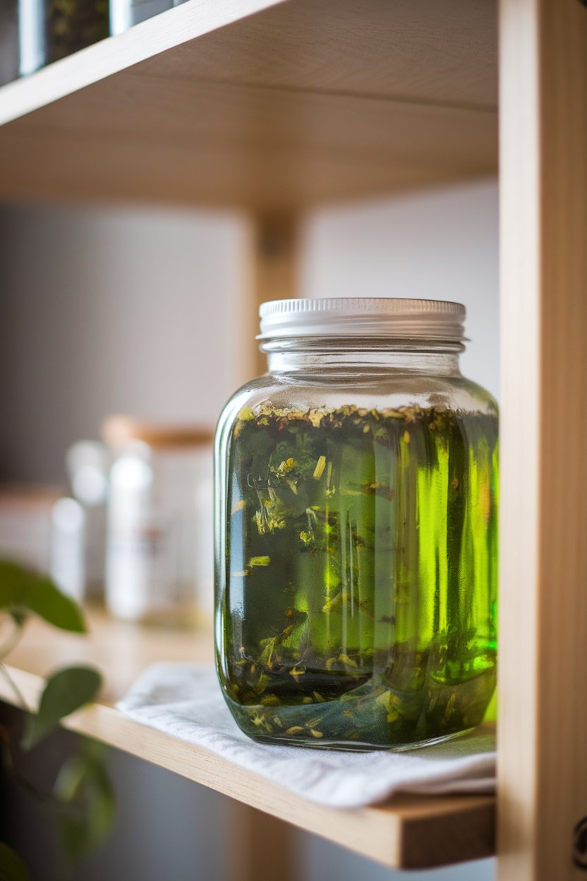 A glass jar on an indoor shelf containing emerald ginger-scallion oil with visible herb flecks suspended. Photo, not illustration. No text or logos present.