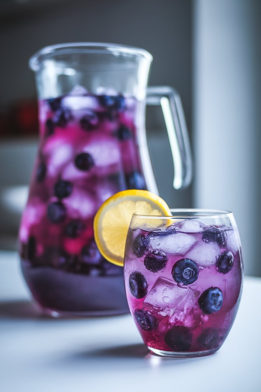 Indoor photo of a tall pitcher in background and a glass up front filled with bright violet blueberry lemonade, lemon slice inside, ice to brim. No text or logos.