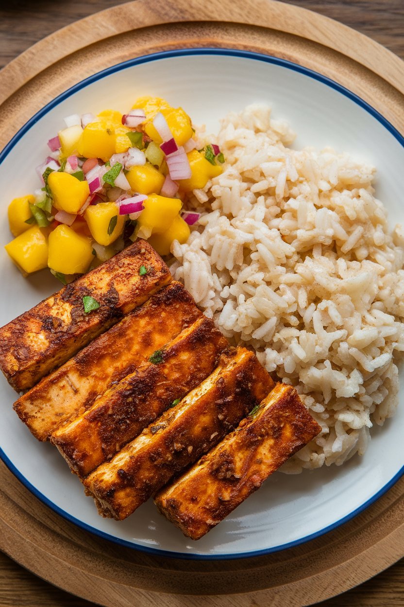 Indoor dinner plate with jerk-seasoned tofu strips, coconut rice, and bright mango salsa on the side. No logos. Photo.