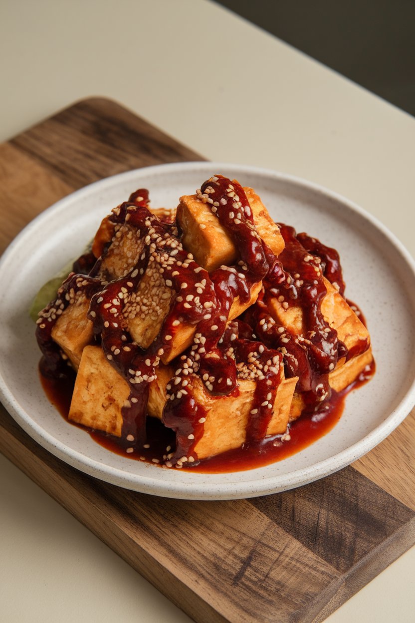 Photo of tofu and vegetables coated in deep-red gochujang sauce, sprinkled with sesame seeds, taken indoors. No text or logos.