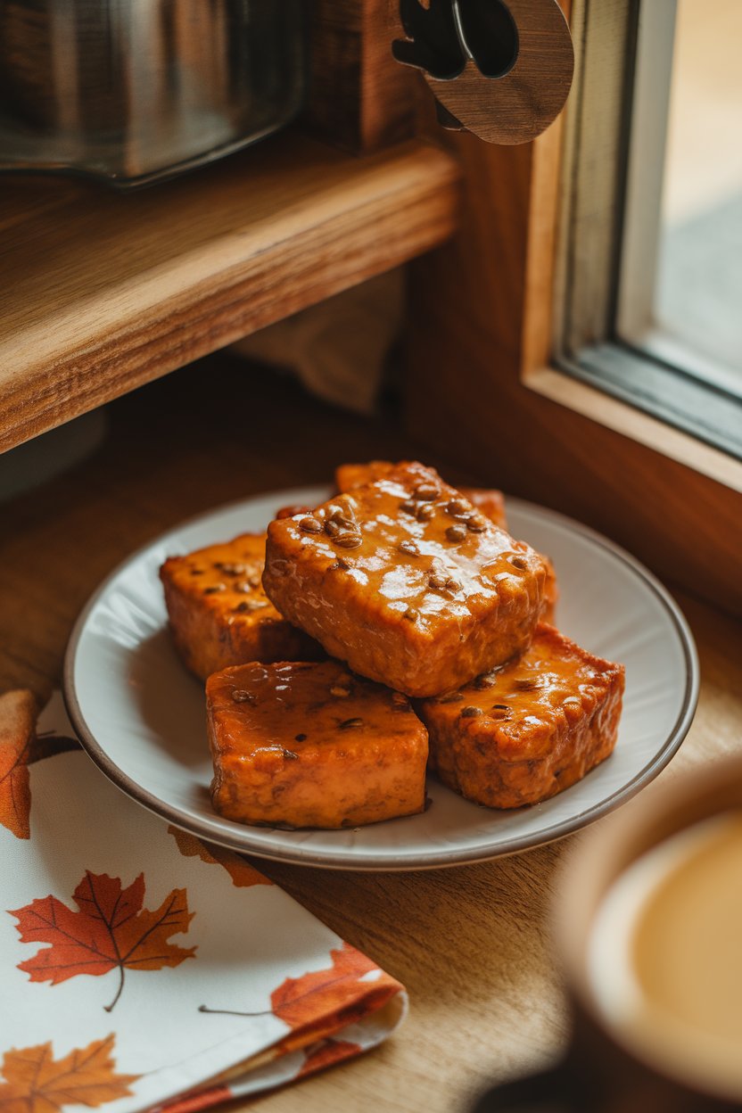 Cozy indoor breakfast nook with a small plate of maple-glazed tofu nuggets, mustard seeds visible on the glaze, autumnal napkin nearby. No text or logos; photo.