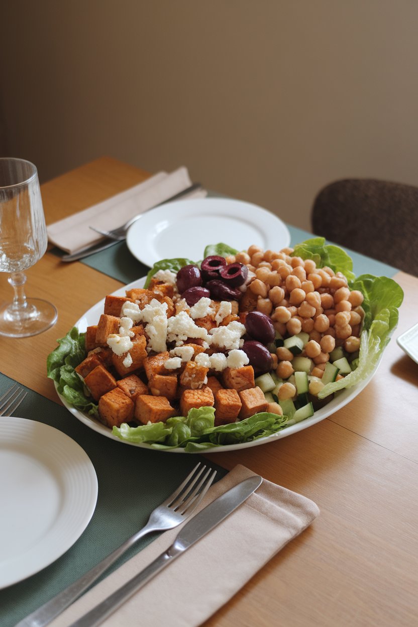 An indoor dining table with a white platter holding cubed baked tofu, chickpeas, diced cucumbers, Kalamata olives, and crumbled feta on a bed of romaine. No text or logos; photo.