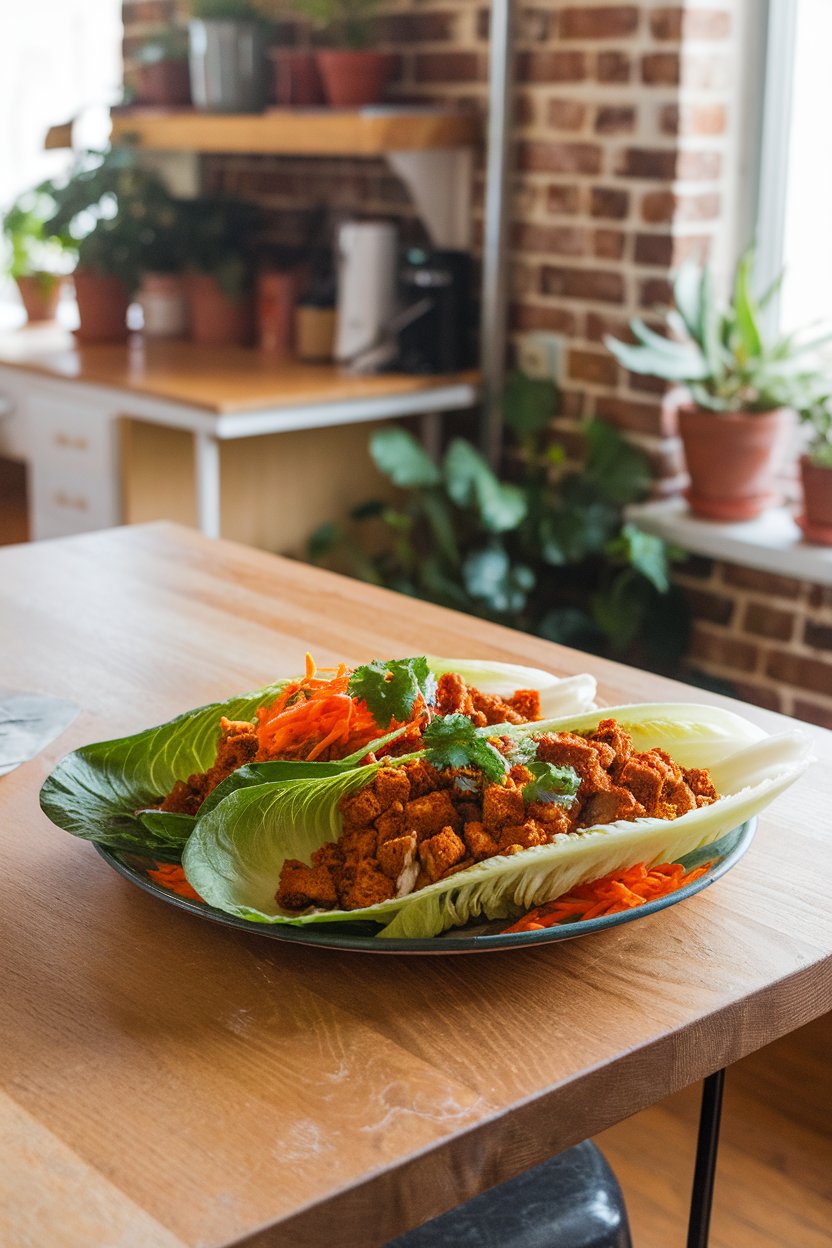 Indoor kitchen island displaying romaine leaves filled with sticky maple-sriracha tofu crumbles, shredded carrots, and cilantro. No branding, photo.