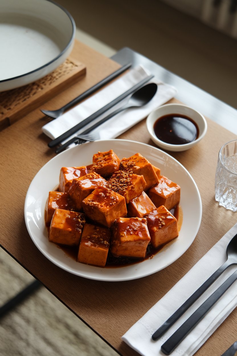 Indoor Asian dinner table with tofu cubes glazed in shiny hoisin sauce, sprinkled with Chinese five-spice powder. No text or logos; photo.