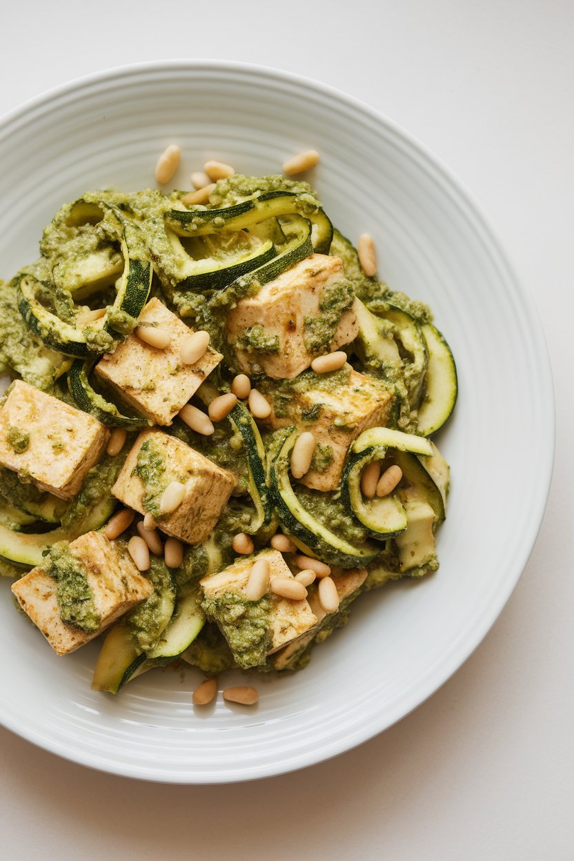 Indoor dish featuring tofu cubes and zucchini ribbons tossed in a green basil pesto, pine nuts scattered on top. No logos or text.