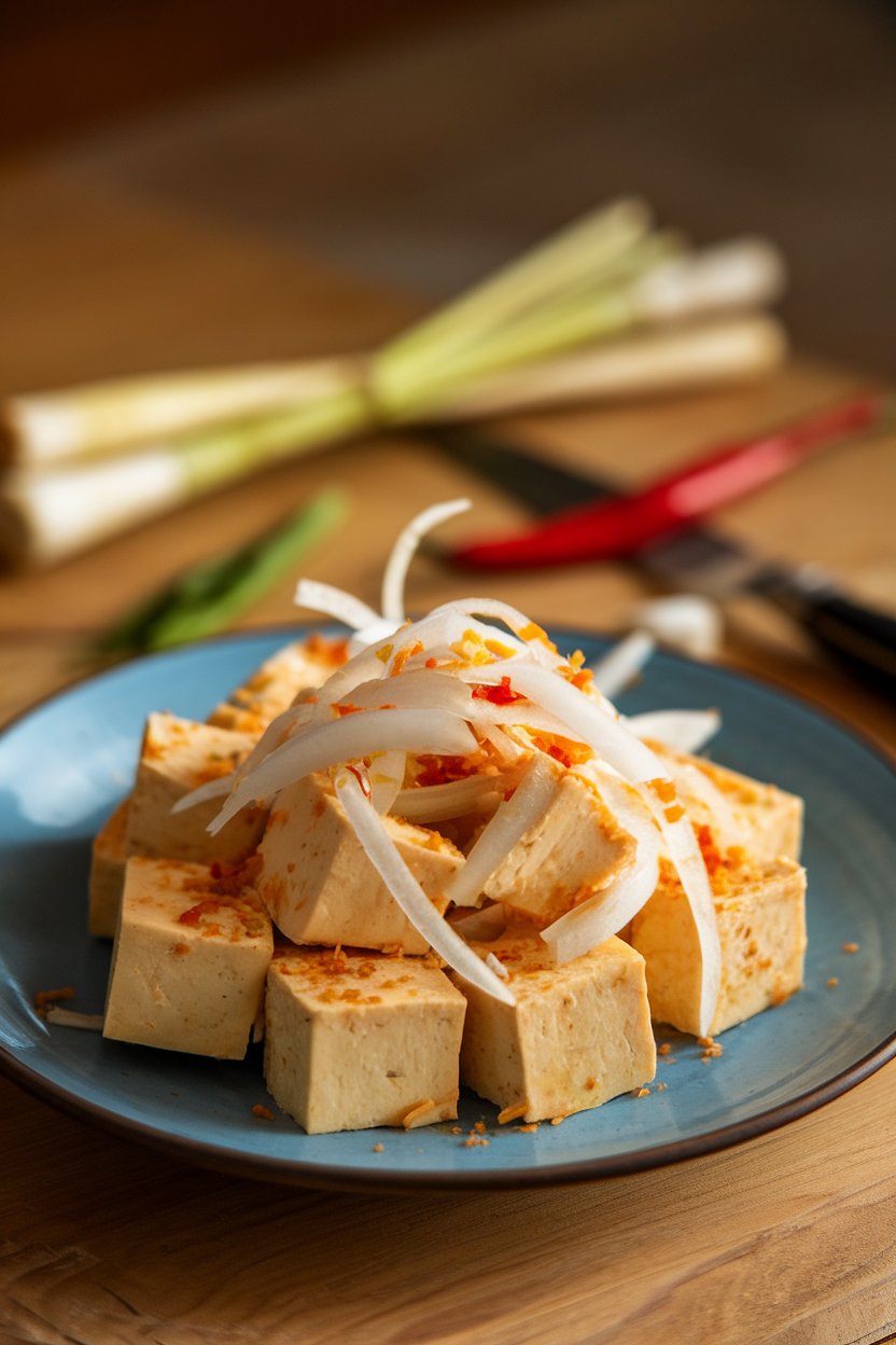 Indoor plate of tofu cubes and onion strips speckled with minced lemongrass and chili. No text or logos.