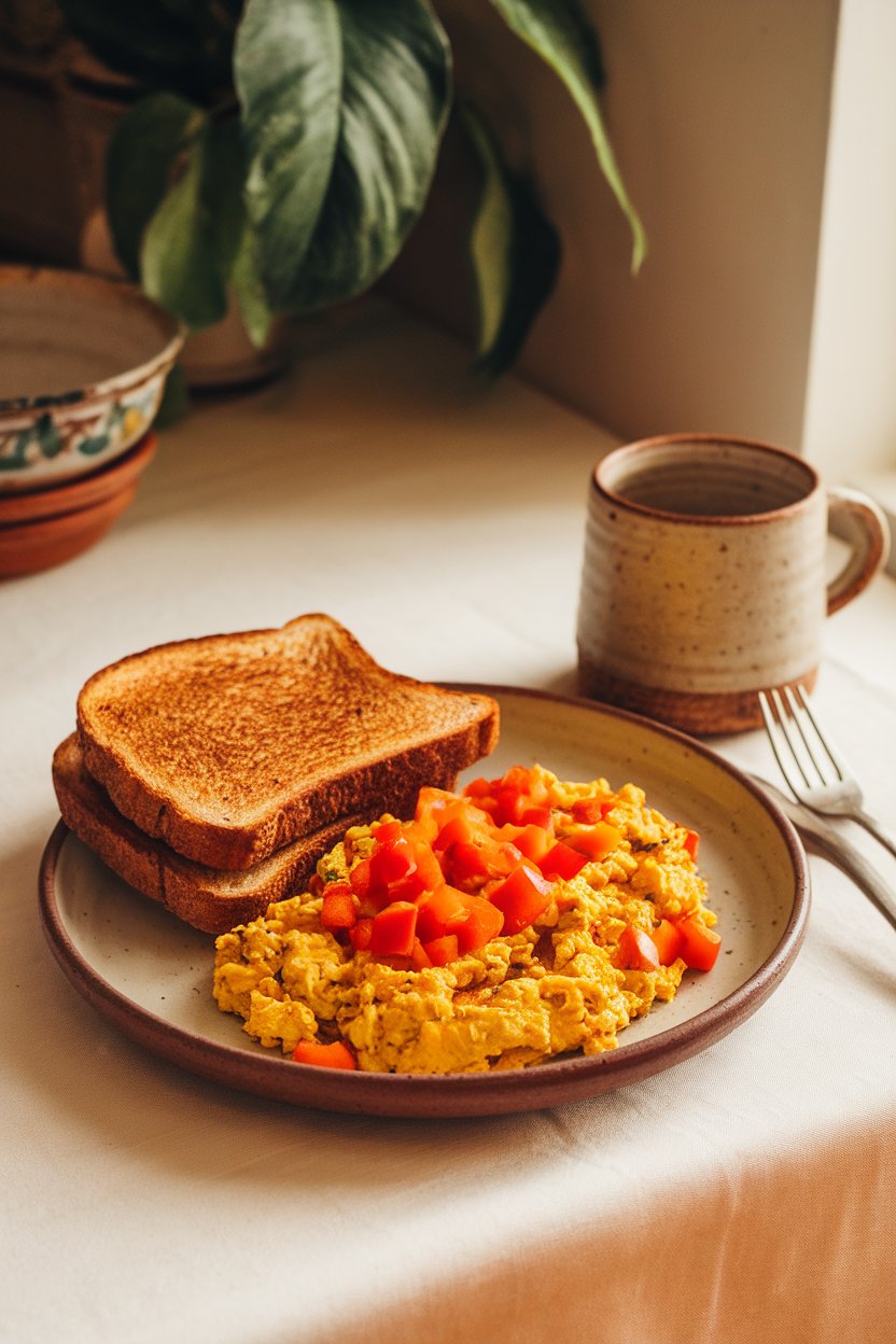 A breakfast plate on an indoor kitchen table featuring golden turmeric tofu scramble with diced bell peppers, served beside whole-grain toast. No text or logos. Photo.
