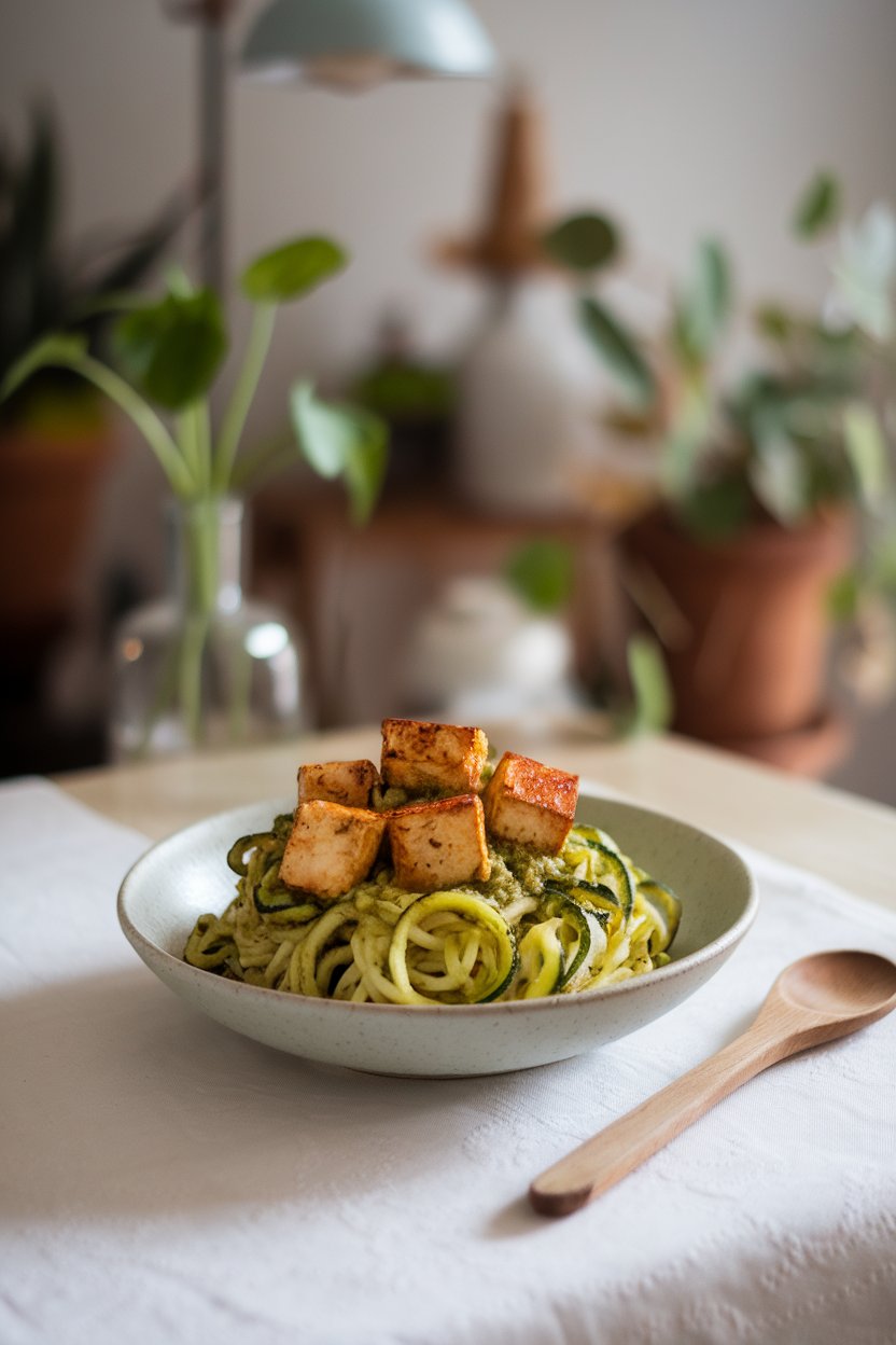 Indoor table presenting a bowl of spiralized zucchini noodles coated in basil pesto and topped with grilled tofu cubes. Photo.