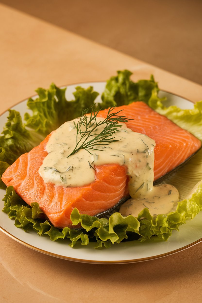 Photo of an indoor plate of cooked salmon fillet topped with pale lemon-dill sauce, dill sprig garnish. No text or logos. Photo, not illustration.