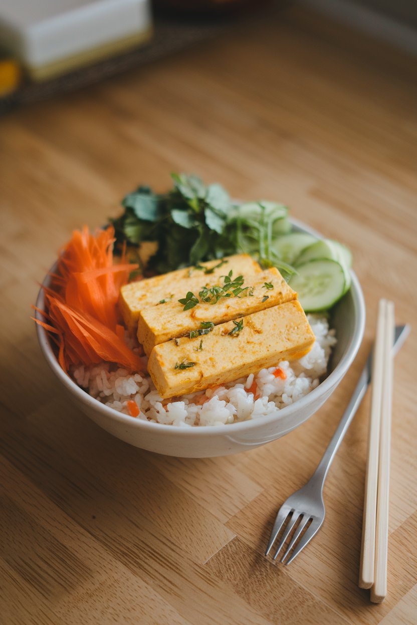 Indoor countertop image of a rice bowl layered with lemongrass tofu slices, pickled carrots, cucumber, and fresh herbs. No logos. Photo.