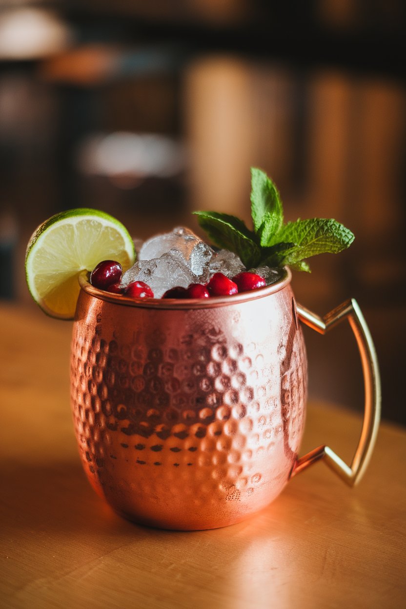 Indoor photo of a copper mug holding red cranberry ginger mule, crushed ice mound, lime wedge, mint sprig front. No logos.